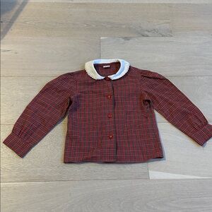 Vintage Red Plaid Button-Up Shirt White Peter Pan Collar 4 girls apple buttons